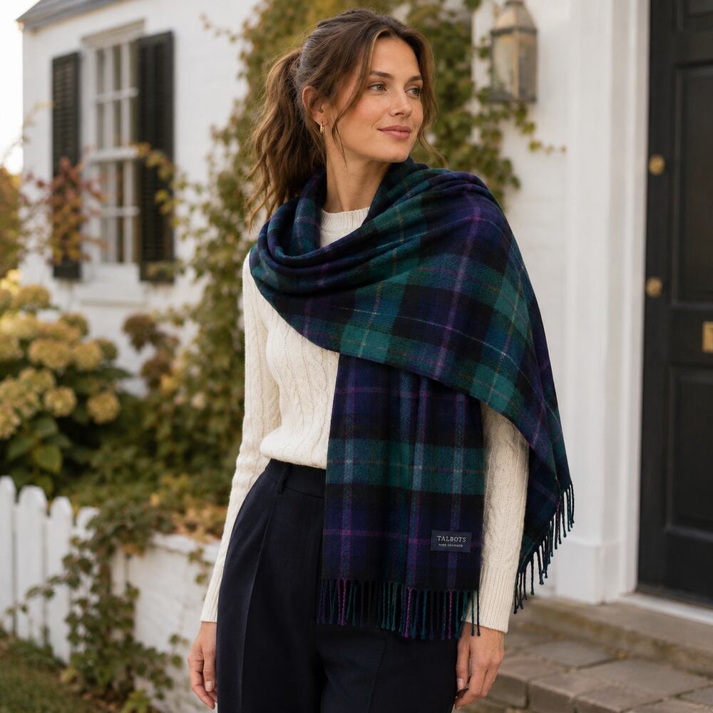 Talbots Cashmere Scarf Plaid Green Navy Purple Fringe Quiet Luxury Classic New